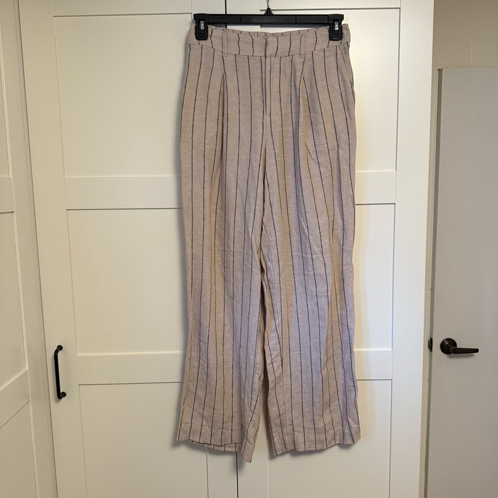 Beige Linen-Blend Wide-Leg Stripe Trousers